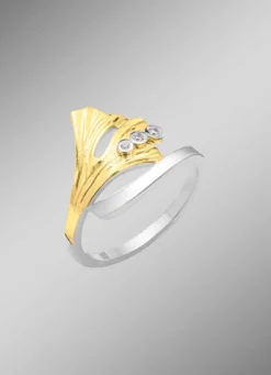 Damenring Ginkgoblatt in Bicolor mit synth. Zirkonia