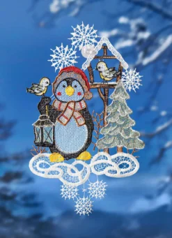 Fensterbild Pinguin aus echter Plauener Spitze