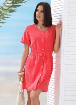 Frottier-Kleid mit durchgehender Knopfleiste