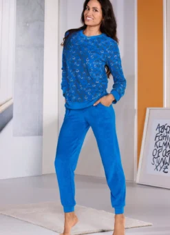 Frottierstretch Schlafanzug mit Rundhals und Bündchen