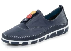 Gemini Slipper mit dezenter Knitter-Struktur und bunten Leder-Blüten