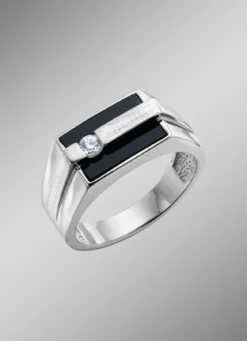 Herrenring aus Silber mit Echt Onyx und synthetischen Zirkonia