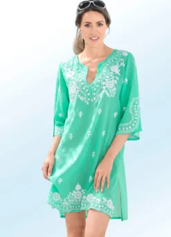 Tunika mit weißer Stickerei sowie Seitenschlitzen, reine Baumwolle