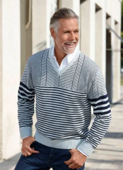 V-Pullover mit Streifen- und Strukturdessin